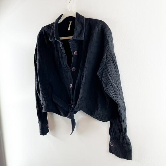 Free People Sun Streaks Long Sleeve Gauzy Cotton Button Up Shirt Black Medium - Picture 6 of 7